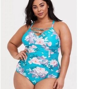 Torrid One Piece Bathing Suit Teal Floral Strappy Wireless Rouche Plus Size 2